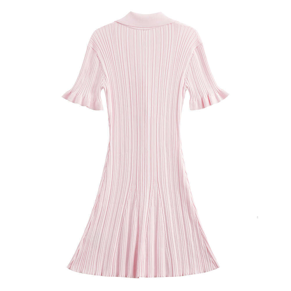2026 Summer Girl Pink Sweet Shirt Collar Ruffle Sleeves Waist Strap Umbrella Skirt Mermaid Knitted Slimming Dress