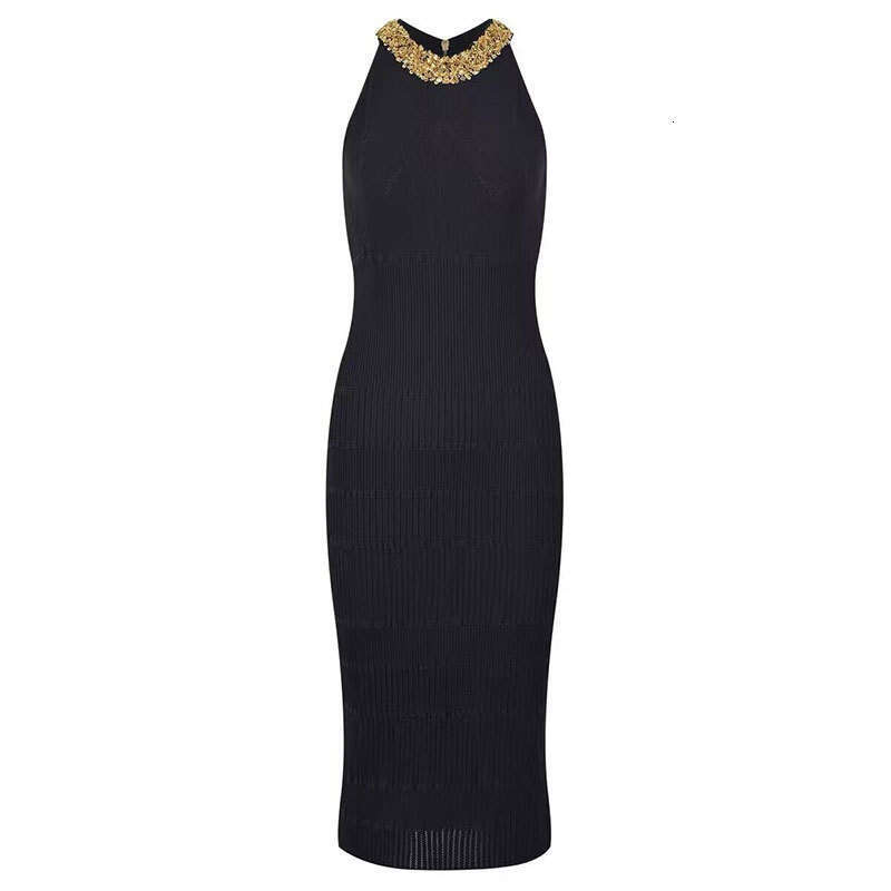 Designer Women's New Half neck Medium length Dress Pure Desire Style Thick Bead Slimming Sleeveless Women's Skirt