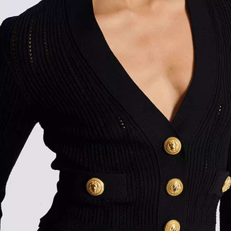 2026 Spring Solid Color Sexy V-neck Hollow Gold Button Decorative Knitted Cardigan Women's Long Sleeve Top