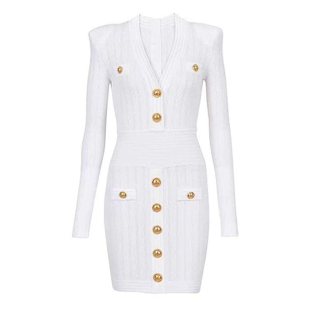 2026 Autumn/Winter New Celebrity Same Style Metal Button Long Sleeve V-neck Sexy Knitted Women's Dress Women's Wear