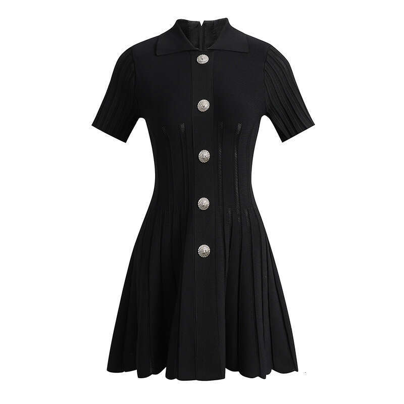 2026 European and American Spring/Summer Fashion Anti Stripe Knitted Collar Slimming A-line Elegant Black Dress