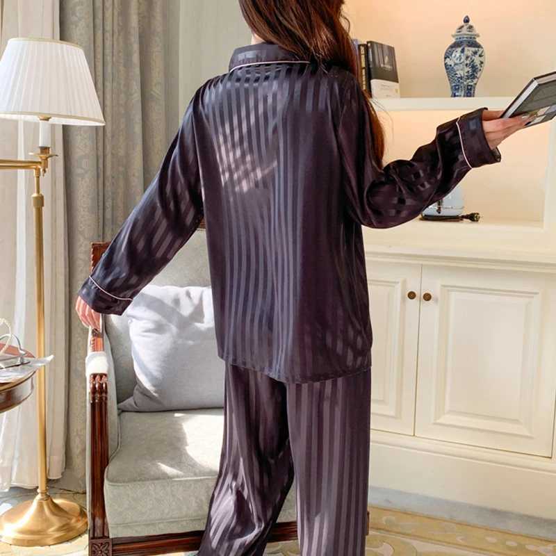 Striped Jacquard, Monogram Pocket, Contrast Piping, Long Sleeve Long Pants Lightweight Sleepwear for Spring & AutumnT260212
