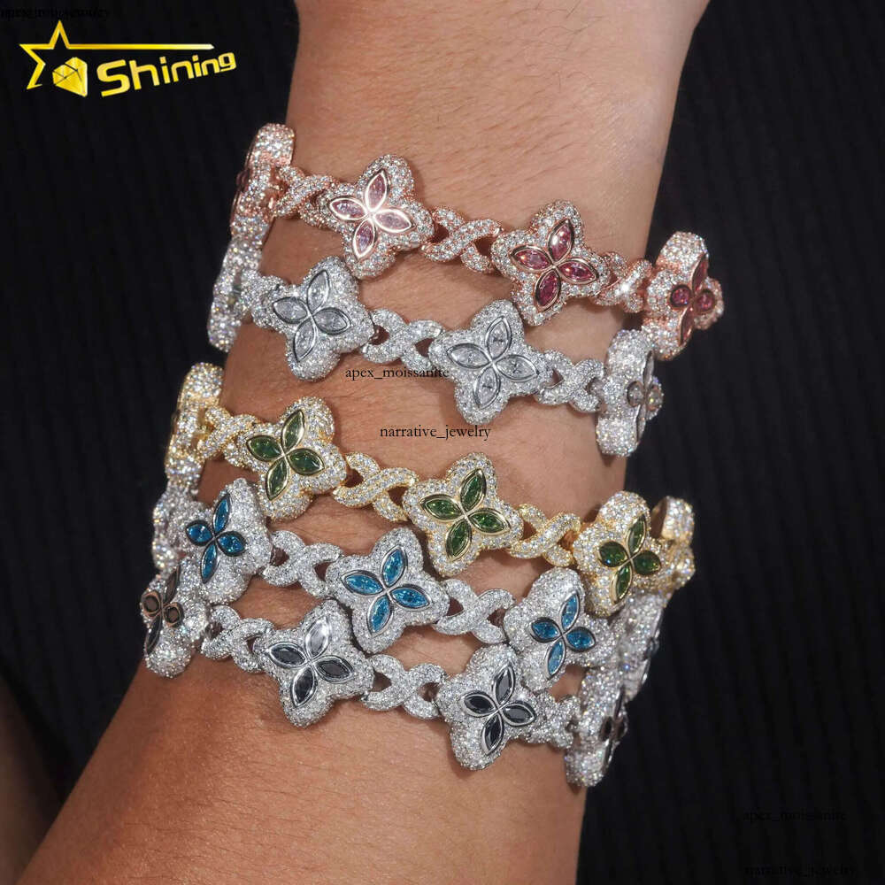 New Stocks Pass Diamond Tester Silver 925 Gold Plated Hip Hop Jewelry Custom Colored Moissanite Clover Cuban Bracelet 10