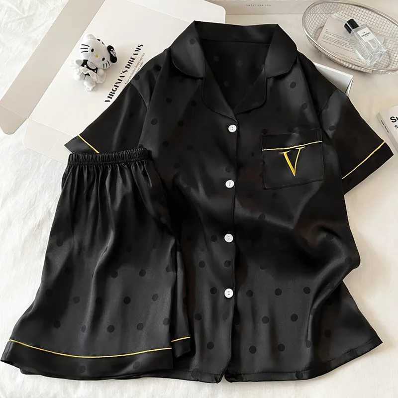 Women's Satin Pajama Set - Breathable Satin, Black Polka Dot, Gold Trim, Comfortable Summer SleepwearT260212