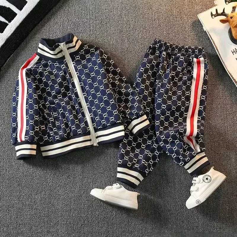 Tracksuit Set for Kids, Retro Monogram Full-Zip Jacket with Contrast Stripe Joggers, Soft Cotton-Blend Activewear for Daily PlayT260225