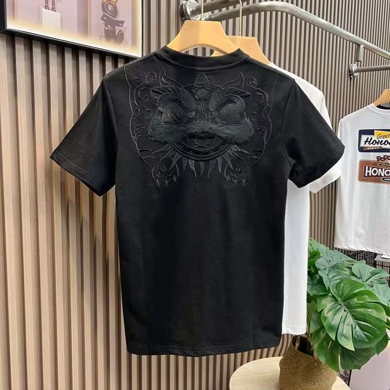 Men's T-Shirt Chinese Style Lion Dance Embroidery Short T-Shirt Summer New Casual Half Sleeve Tee Youth Base Shirt Loose Fit Daily Wear