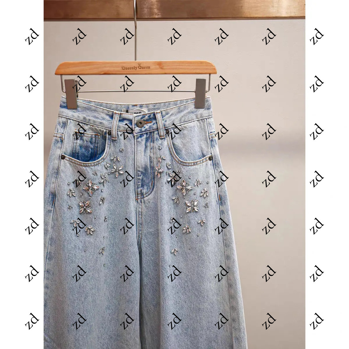 High-Quality Celebrity Style SP Home Small Flower Rhinestone Blue Jeans High Waist Loose Slimming Wide-Leg Casual Long Pants