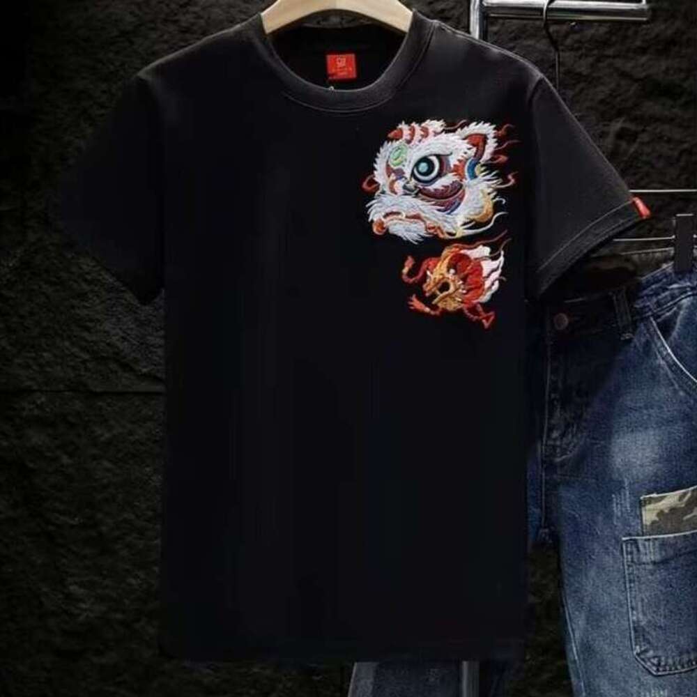 Men's Summer Short T-Shirt National Trend Lion Dance Chinese Style Half Sleeve Tee Trendy Versatile Base Shirt