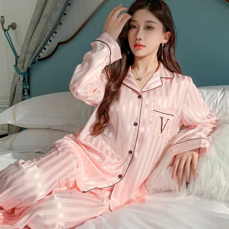 Striped Jacquard, Monogram Pocket, Contrast Piping, Long Sleeve Long Pants Lightweight Sleepwear for Spring & AutumnT260212