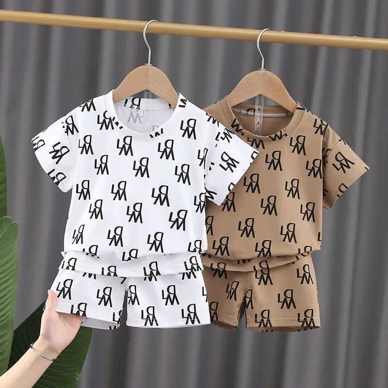 Kids Casual Set - Trendy All-Over Letter Print, Two-Color Options, Breathable Fabric, Summer 2-Piece SetT260212