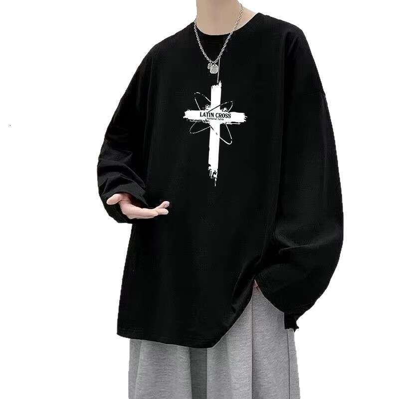 Men's Long-sleeve Crew Neck T-shirt Thin Loose Solid Color Versatile Round-neck Top For Spring And Autumn Comfortable Soft Casual