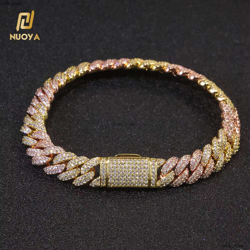 10mm Cuban Link Chain Two-tone Bracelet Hip Hop Jewelry 18K Gold Plated Brass Two Row Iced Out VVS Moissanite Crystal Men Women Gift