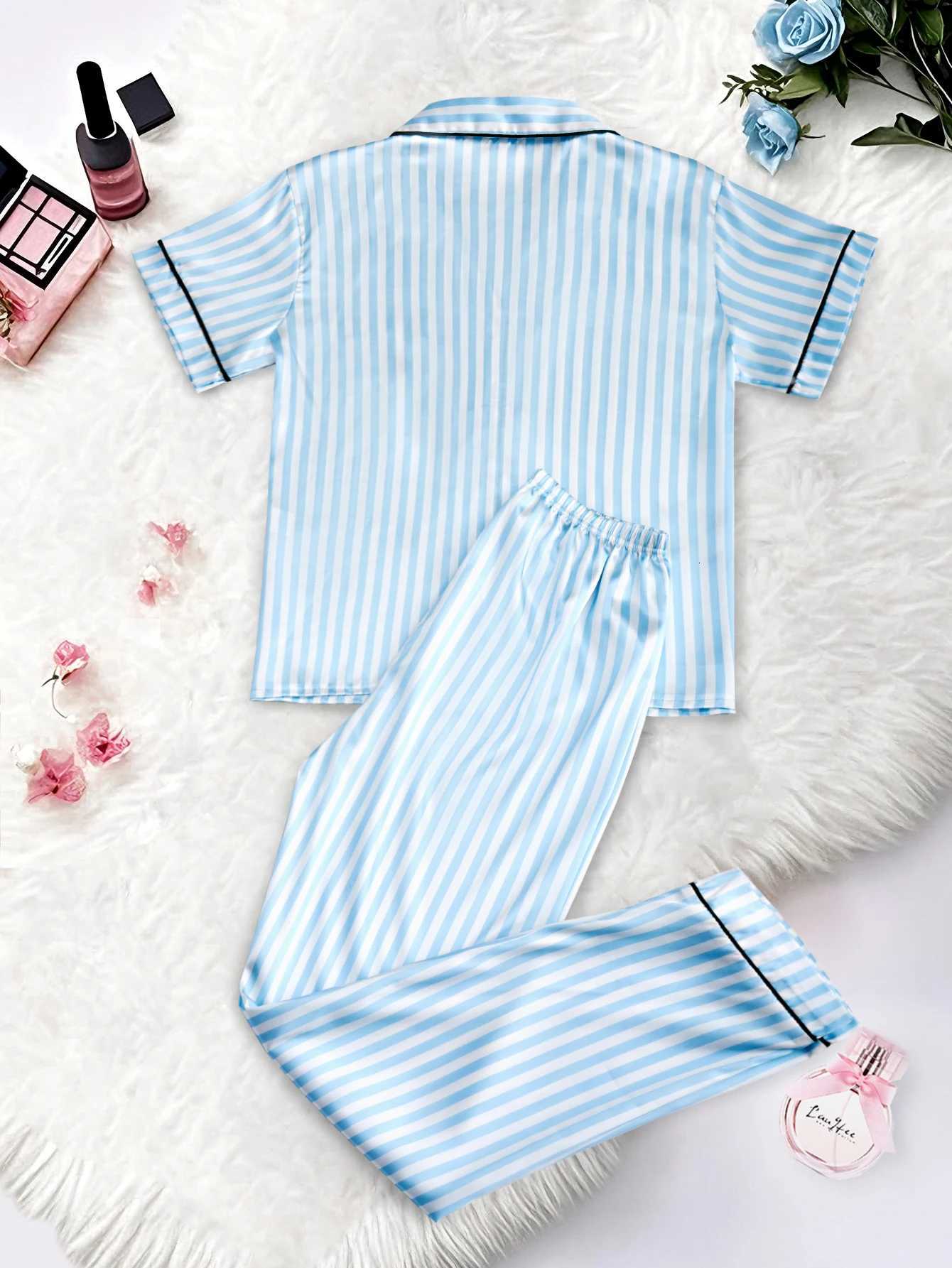 Classic Striped Print, Monogram Pocket, Short-Sleeve Long Pants Sleepwear with Lapel CollarT260212