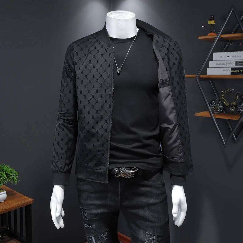 High-End Men's Fce Print Jaet Baseball Sle Casual Bla Versatile Spring Autumn Faion Urban Youth Designer Fashion 2026 Zipper Sve Long Coat