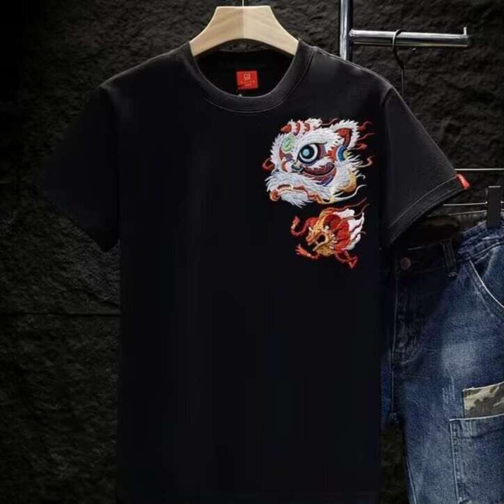 Men's Summer Short T-Shirt National Trend Lion Dance Chinese Style Half Sleeve Tee Trendy Versatile Base Shirt Comfortable Soft Casual