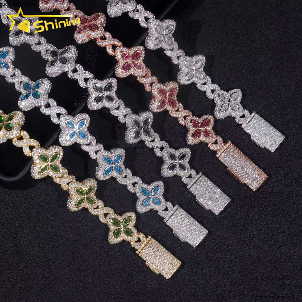 New Stocks Pass Diamond Tester Silver 925 Gold Plated Hip Hop Jewelry Custom Colored Moissanite Clover Cuban Bracelet 10