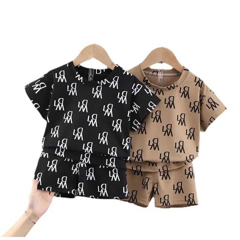 Kids Casual Set - Trendy All-Over Letter Print, Two-Color Options, Breathable Fabric, Summer 2-Piece SetT260212