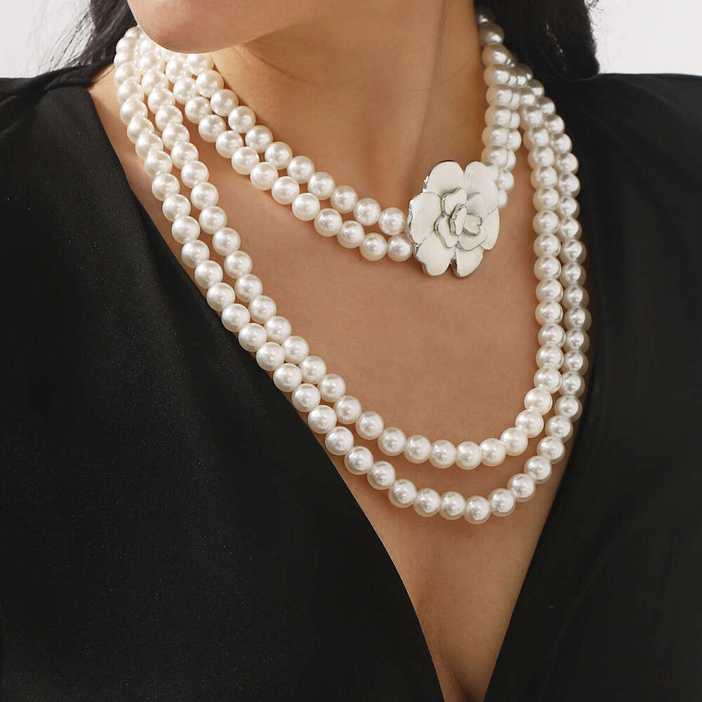 Necklaces for Women New Multi Layer Pearl Camellia Flower Pendant Fashion Ins Versatile Long Sweater Chain Jewelry