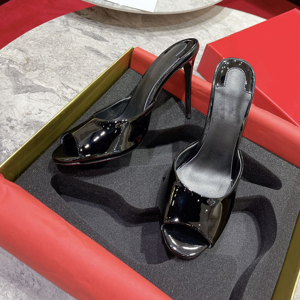 New simple Patent leather point toe Mule sandals stiletto Heel Slipper Heels shoes 10.5cm women's Luxury Designer Evening Party shoe 35-43 Bring box