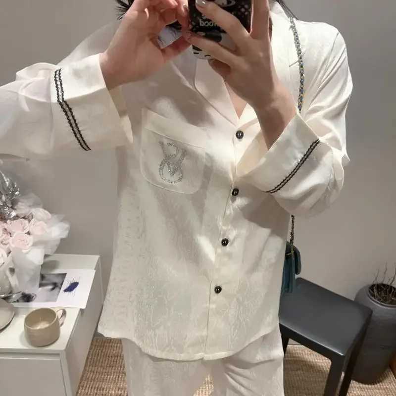 Women's Satin Pajama Set - Jacquard Texture, Monogram Detail, Contrast Trim, Comfortable SleepwearT260212