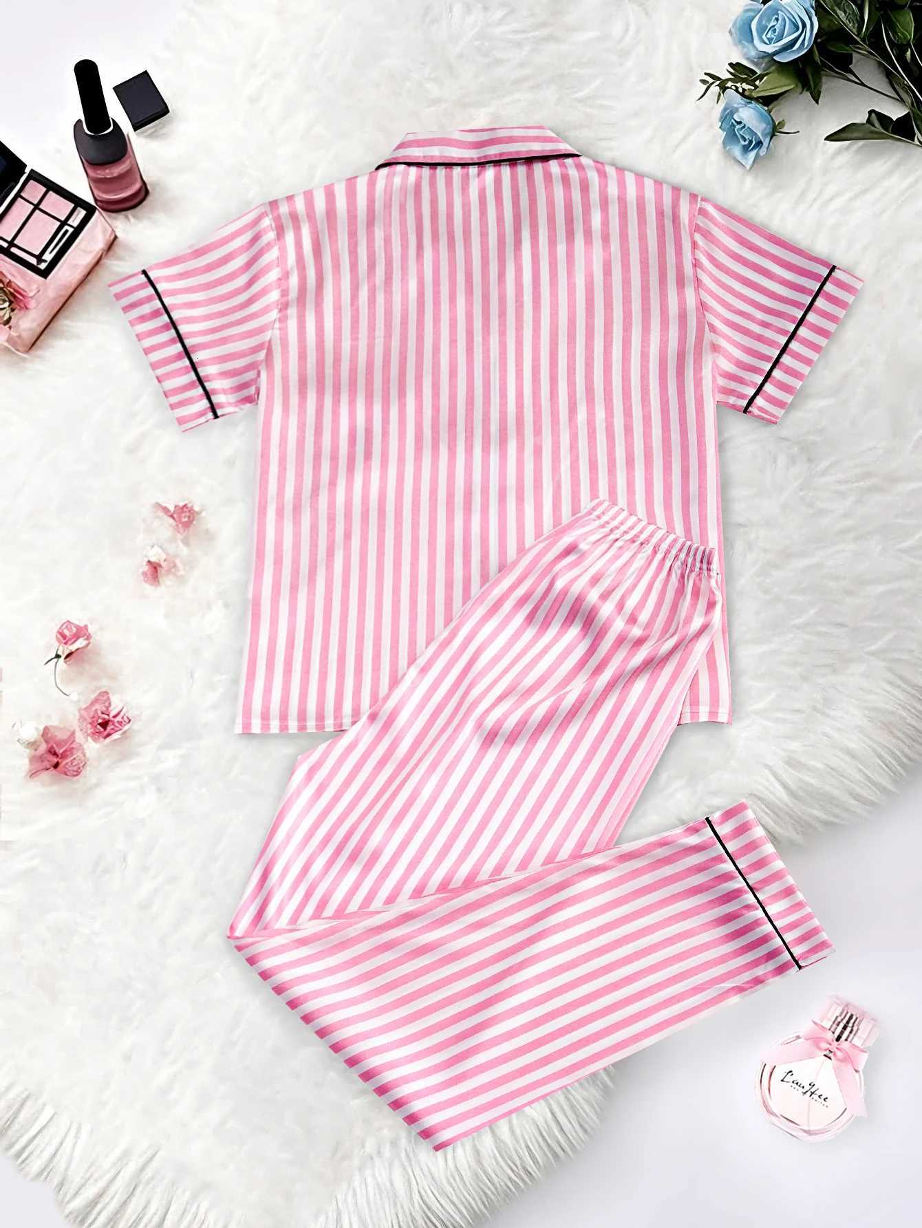Classic Striped Print, Monogram Pocket, Short-Sleeve Long Pants Sleepwear with Lapel CollarT260212