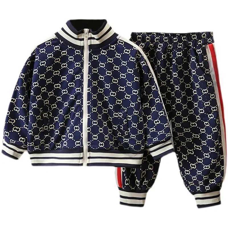Tracksuit Set for Kids, Retro Monogram Full-Zip Jacket with Contrast Stripe Joggers, Soft Cotton-Blend Activewear for Daily PlayT260225