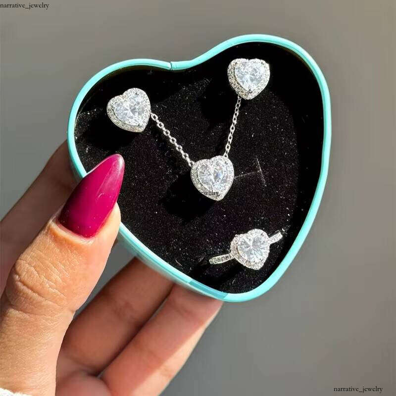 925 Sterling Silver Fine Jewelry Set Gold Including Necklace Ring Women-Red Blue Pink Stone Heart Stud Earrings Gift