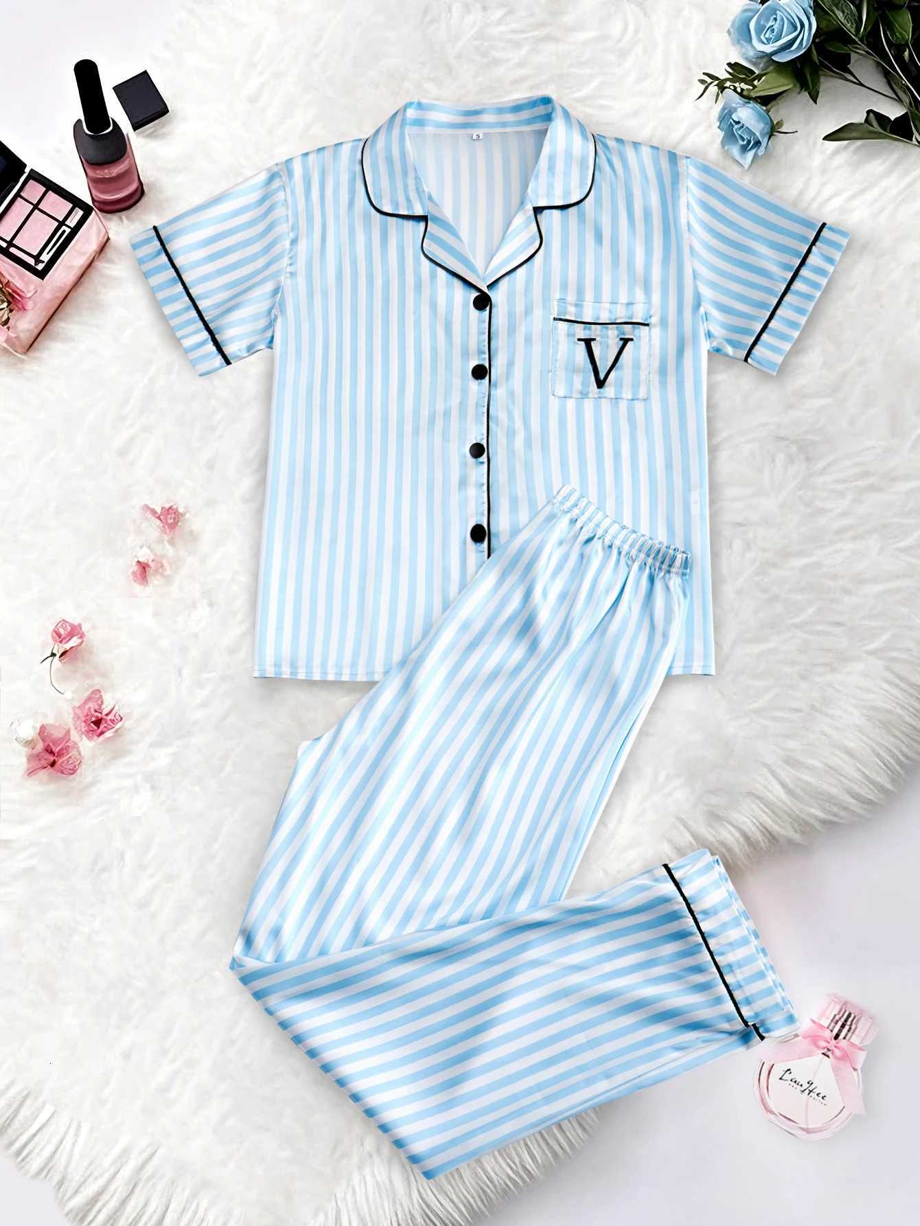 Classic Striped Print, Monogram Pocket, Short-Sleeve Long Pants Sleepwear with Lapel CollarT260212