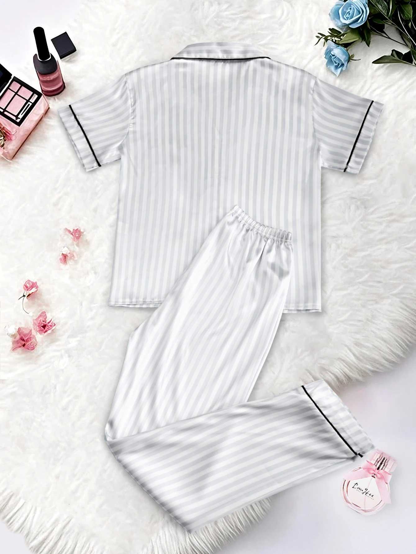Classic Striped Print, Monogram Pocket, Short-Sleeve Long Pants Sleepwear with Lapel CollarT260212