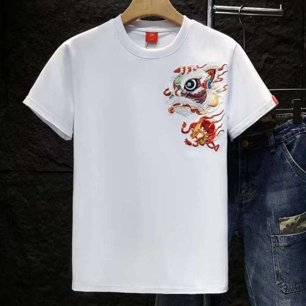Men's Summer Short T-Shirt National Trend Lion Dance Chinese Style Half Sleeve Tee Trendy Versatile Base Shirt