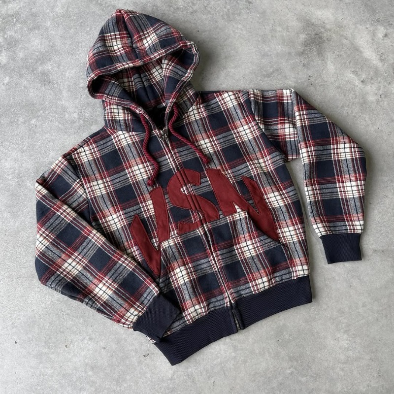 2026 New Designer Fashion Luxury Brand American Retro Plaid Hooded Men's Outdoor Sports Shirt Street Style Loose Casual Zipper Jacket
