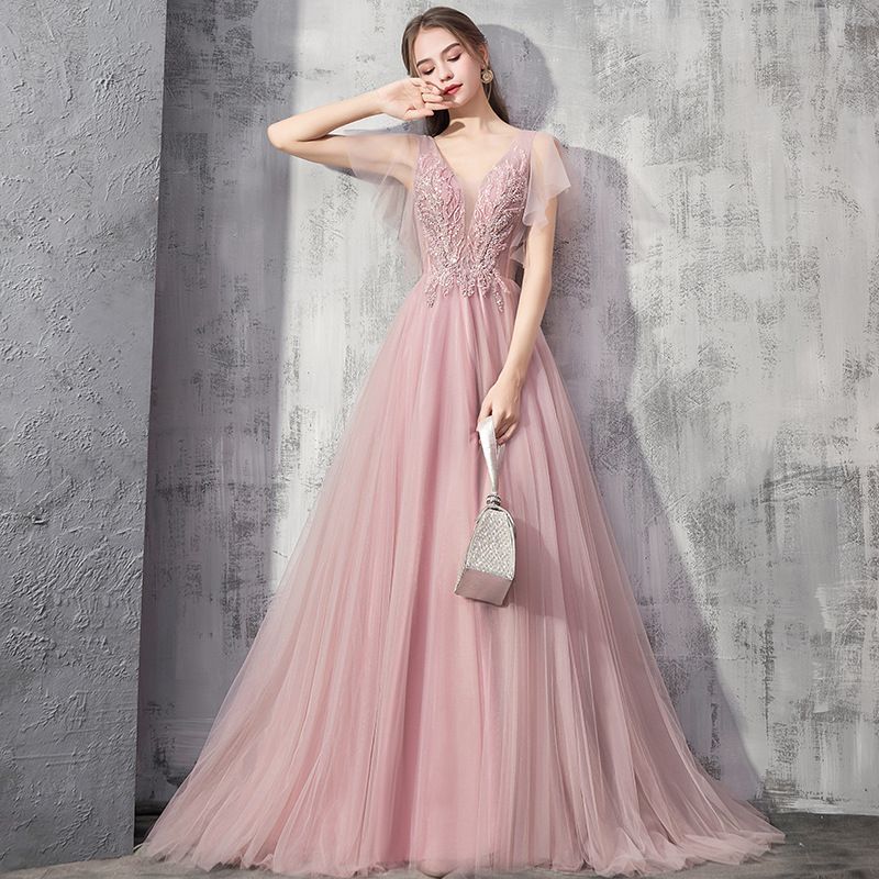 Elegant Pink Evening Dresses A Line V Neck Appliques Tulle Long Bridesmaids Prom Gowns For Women Formal Occasion Robes F12 B0312