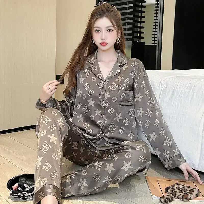 Women's Satin Pajama Set - Monogram Print, Button-Front, Comfortable Loungewear for All SeasonsT260212