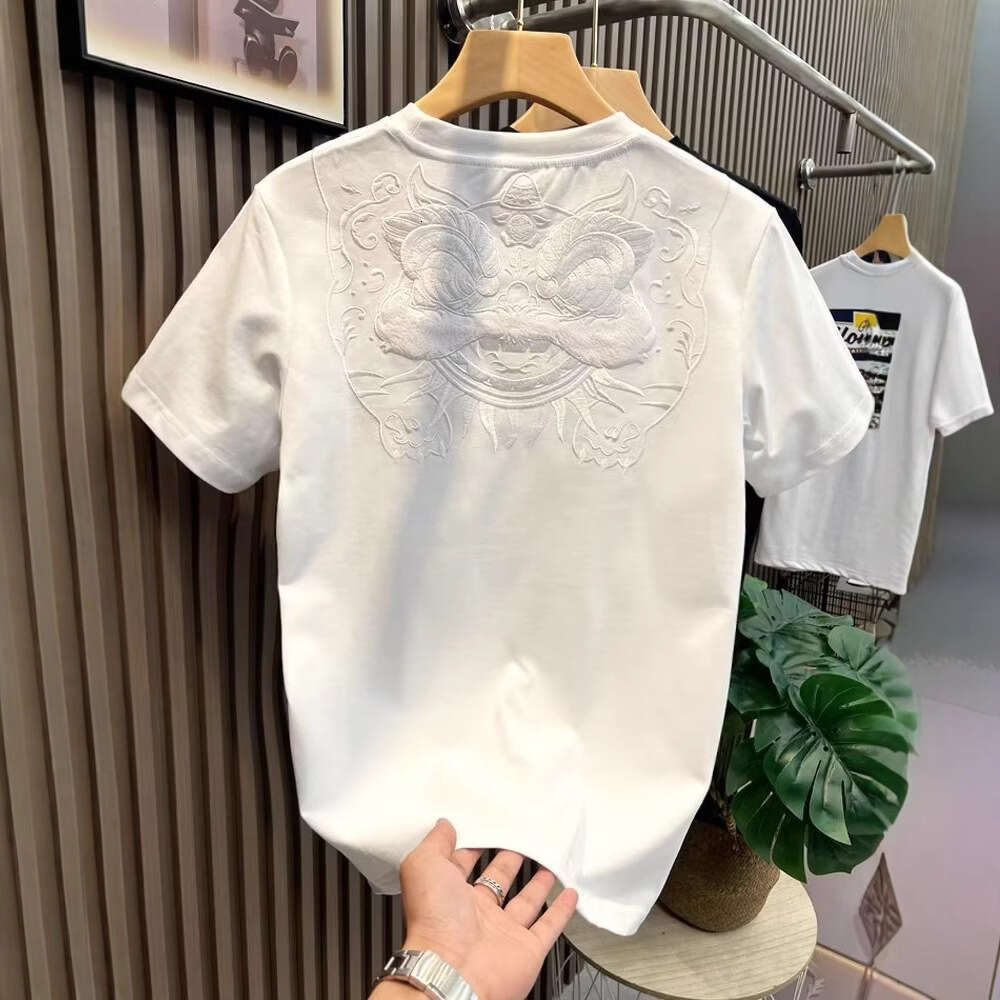 Men's T-Shirt Chinese Style Lion Dance Embroidery Short T-Shirt Summer New Casual Half Sleeve Tee Youth Base Shirt Loose Fit Daily Wear