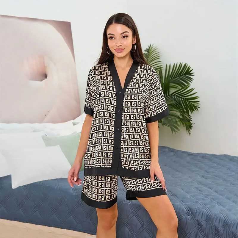 Women's Pajama Set - Elegant Botanic Print, Kimono Collar, Short Sleeve, Silky Soft Silk-Like Fabric, Summer Breathable Casual 2-Piece Loungewear
