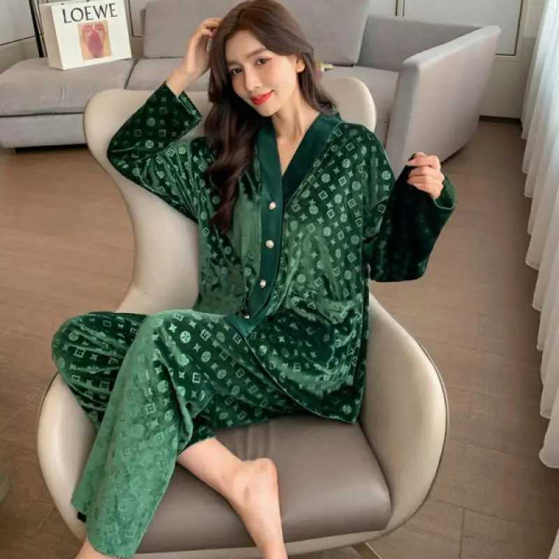 Luxury Pink Jacquard Monogram, Button Front Pockets, Long Sleeve Long Pants Warm Sleepwear for Autumn & WinterT260212