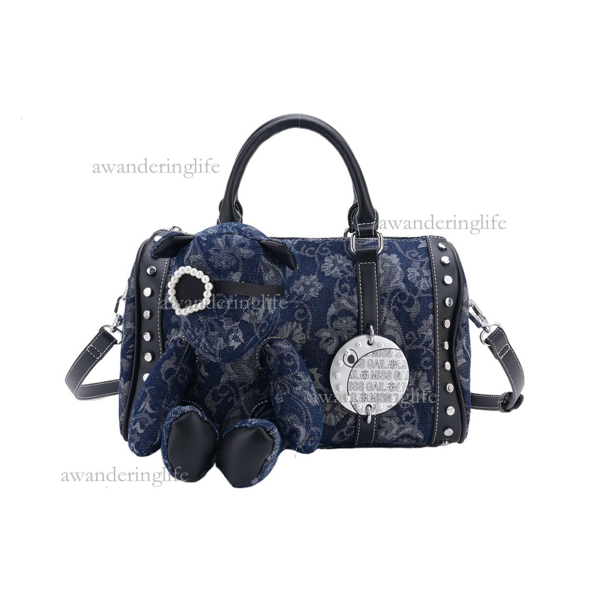 2026 Luxury New Retro Boston Bag High-end Commuting Denim Women's Shoulder Bag Fashionable Versatile Mini Rivet Student Casual Bag Trendy Pendant