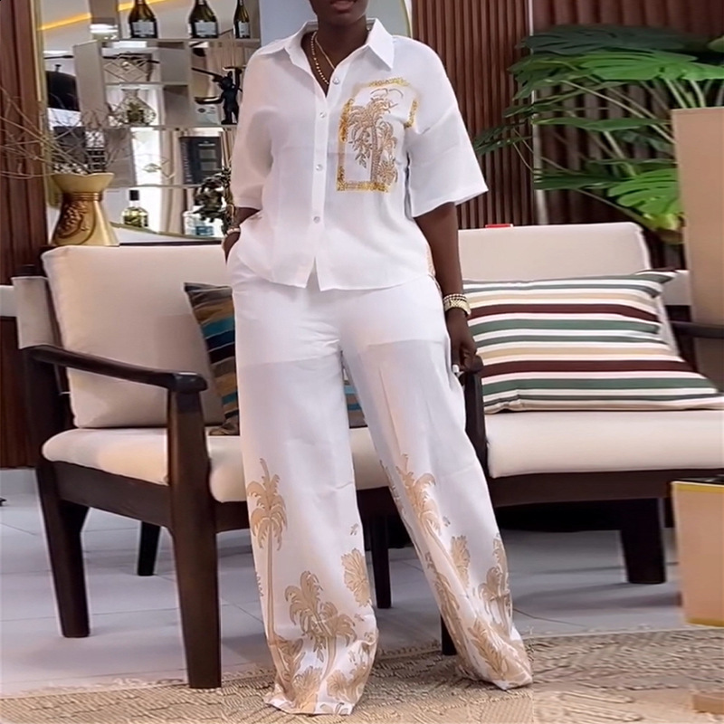 Fashion Street Print Two Piece Set For Women Spring Summer Sleeveless Top And Pants Outfits Office Elegant Autumn Suits 240813