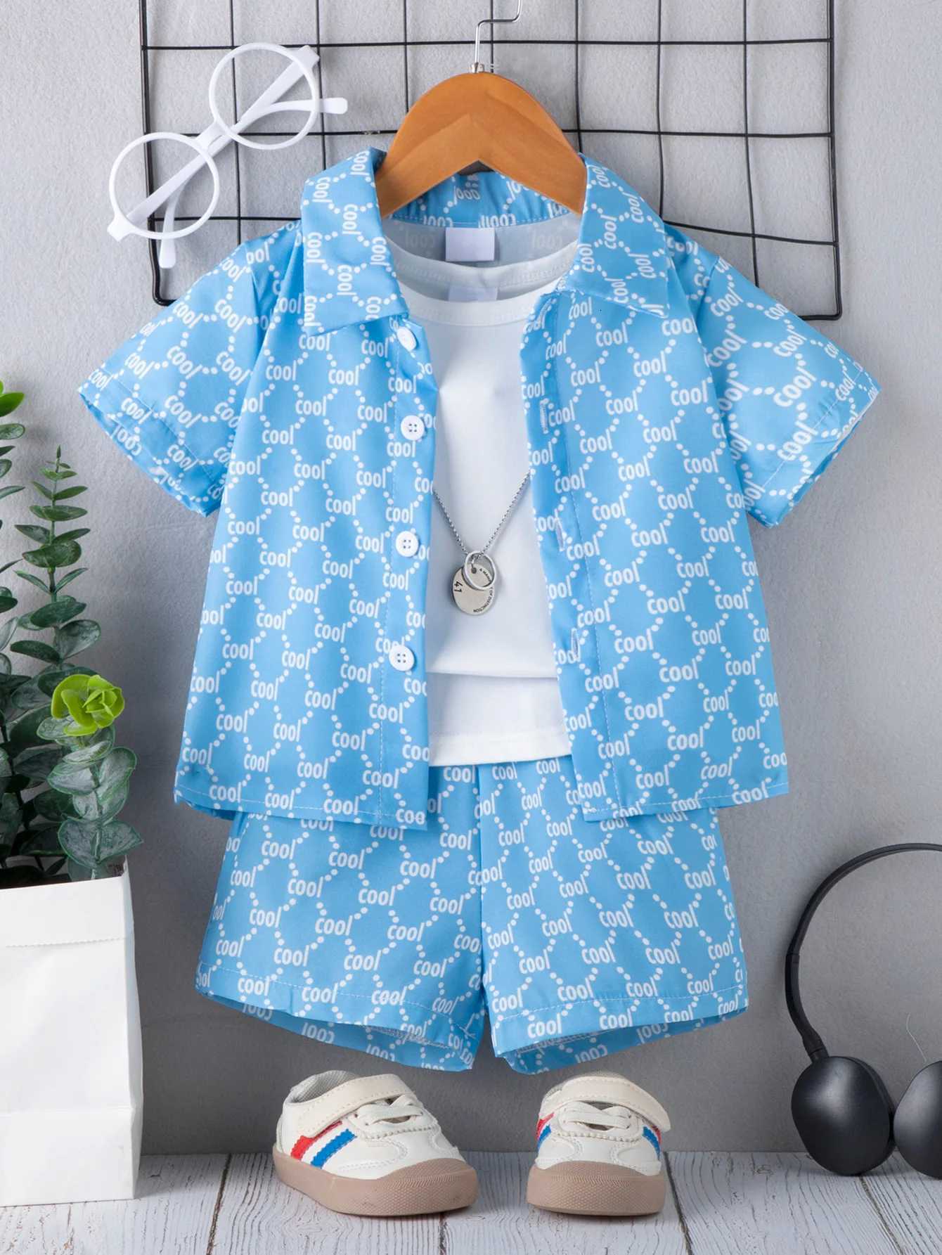 Kids Casual Set - All-over "cool" Print Turn-Down Collar Shirt, Elastic Waist Shorts, Breathable Blue Summer 2-Piece SetT260212