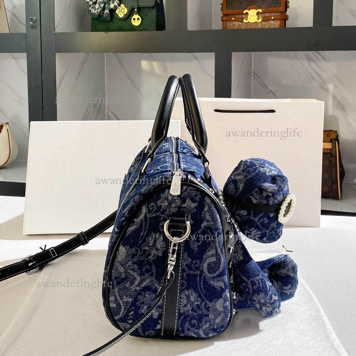 2026 Luxury New Retro Boston Bag High-end Commuting Denim Women's Shoulder Bag Fashionable Versatile Mini Rivet Student Casual Bag Trendy Pendant