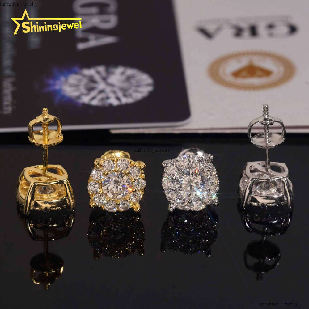 US Warehouse Silicon Stone 8.8mm Round Real Gold Plated Cluster Stud Earrings Pass VVS Moissanite Tester Hip Hop 925 Silver