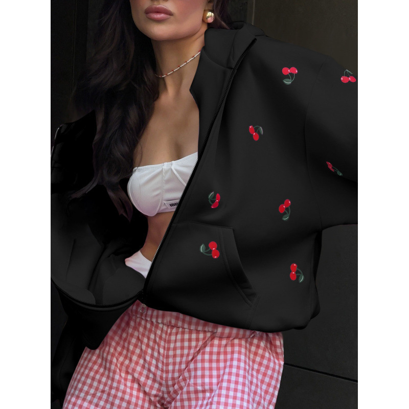 2026 New Design Luxury Brand - Stylish Urban Style Fashion Brand For Women - Loose And Multi-functional Outdoor Sports Pullover With Cherry Pattern