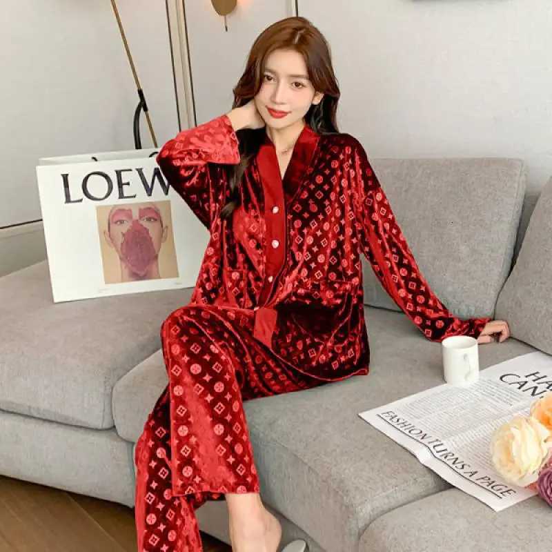Luxury Pink Jacquard Monogram, Button Front Pockets, Long Sleeve Long Pants Warm Sleepwear for Autumn & WinterT260212