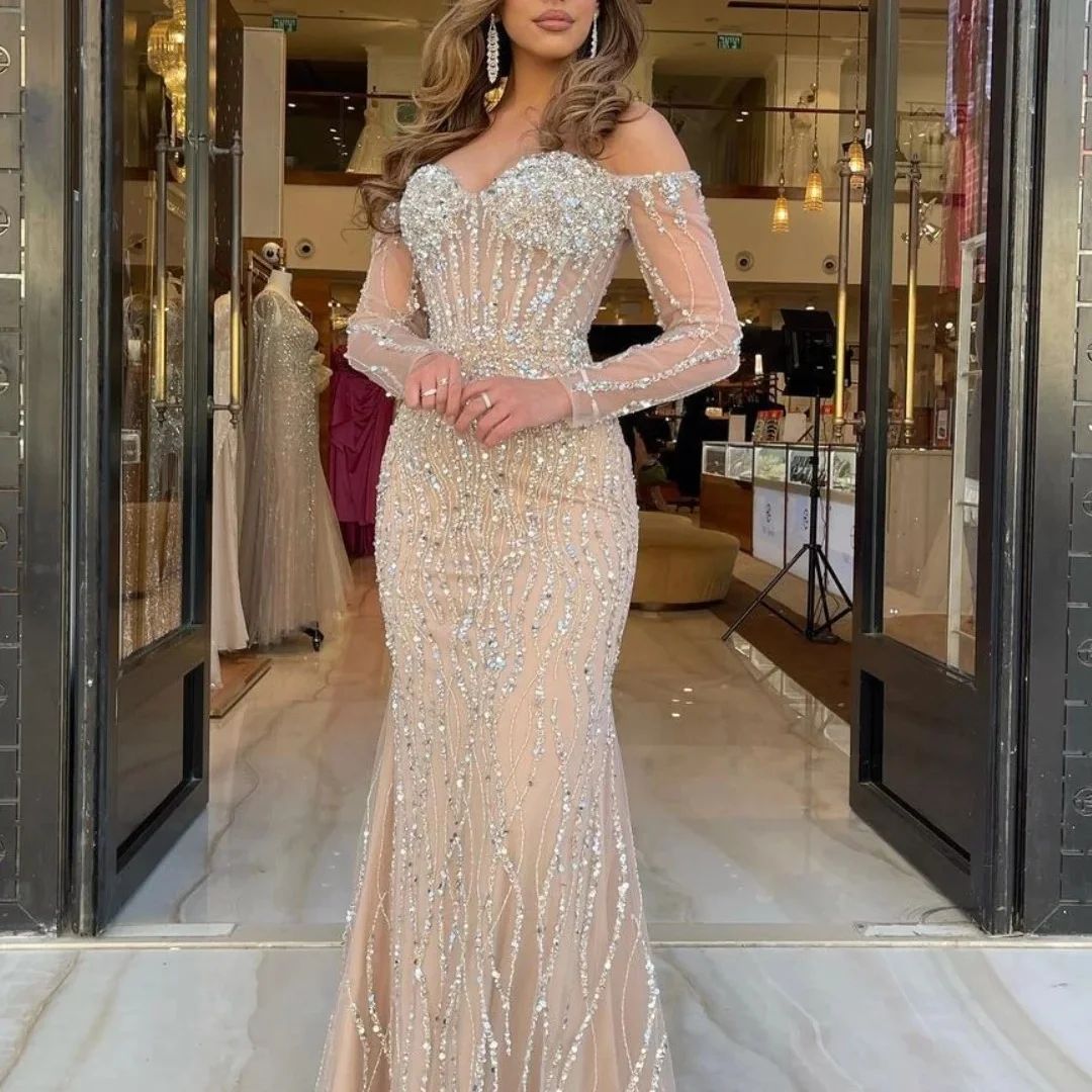 Luxury Champagne Lace Prom Party Dress 2026 Off The Shoulder Sequins Beads Sleeves Mermaid Evening Birthday Formal Gowns Pageant Dresses Robe De Soire