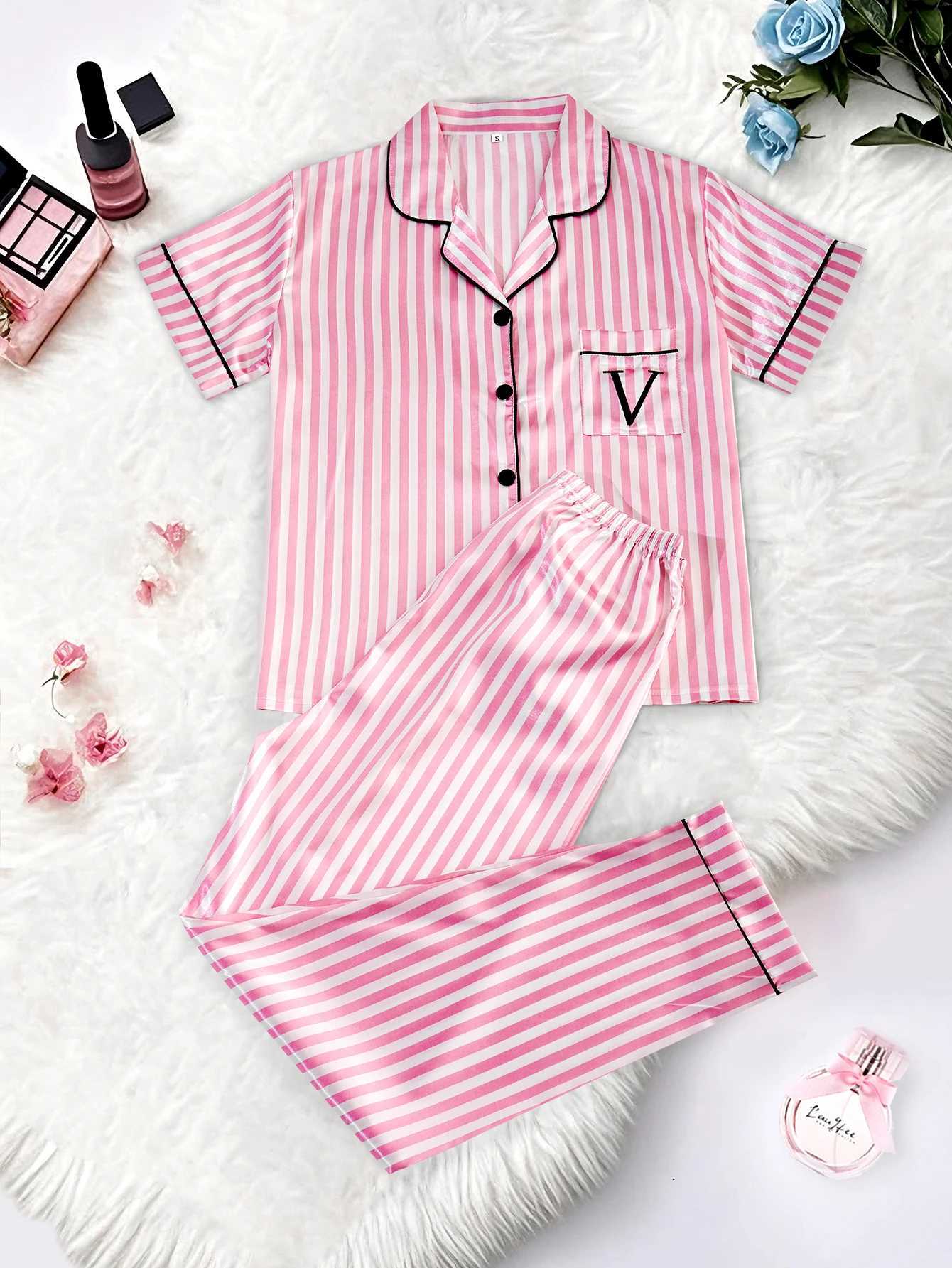 Classic Striped Print, Monogram Pocket, Short-Sleeve Long Pants Sleepwear with Lapel CollarT260212