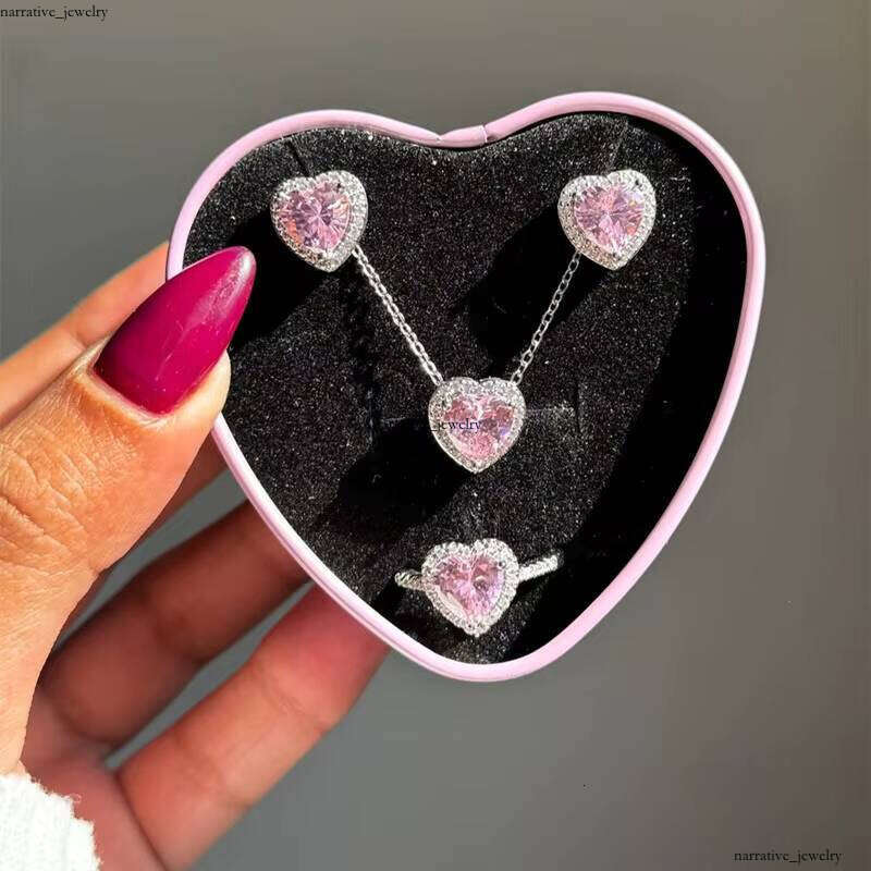 925 Sterling Silver Fine Jewelry Set Gold Including Necklace Ring Women-Red Blue Pink Stone Heart Stud Earrings Gift