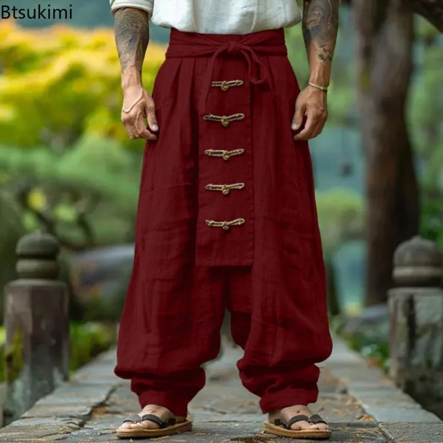 Ethnic Style Casual Cotton Linen Wide Leg Pants Spring Summer Mens Solid Color Lace-up Baggy Pants Vintage Streetwear Male 260311