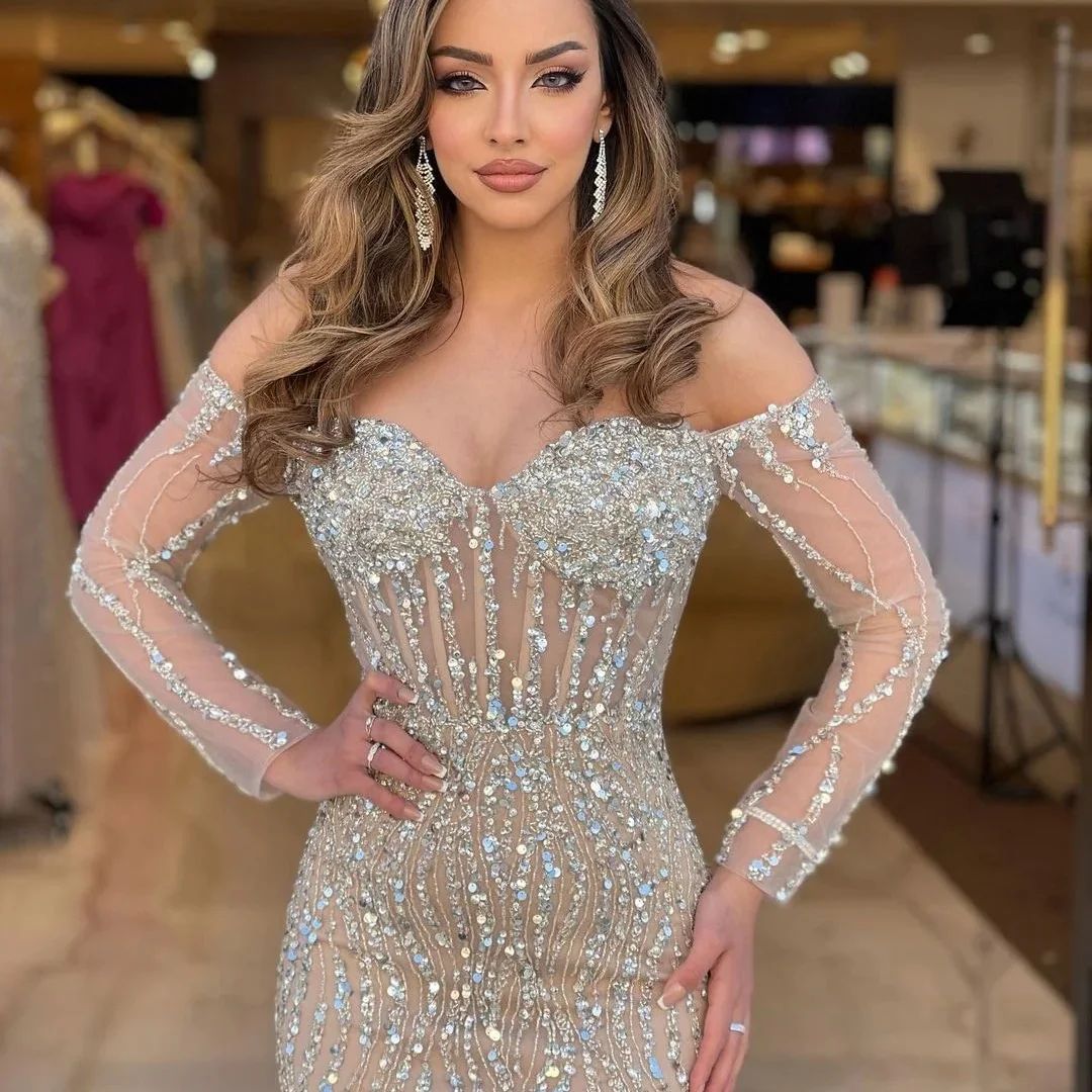 Luxury Champagne Lace Prom Party Dress 2026 Off The Shoulder Sequins Beads Sleeves Mermaid Evening Birthday Formal Gowns Pageant Dresses Robe De Soire