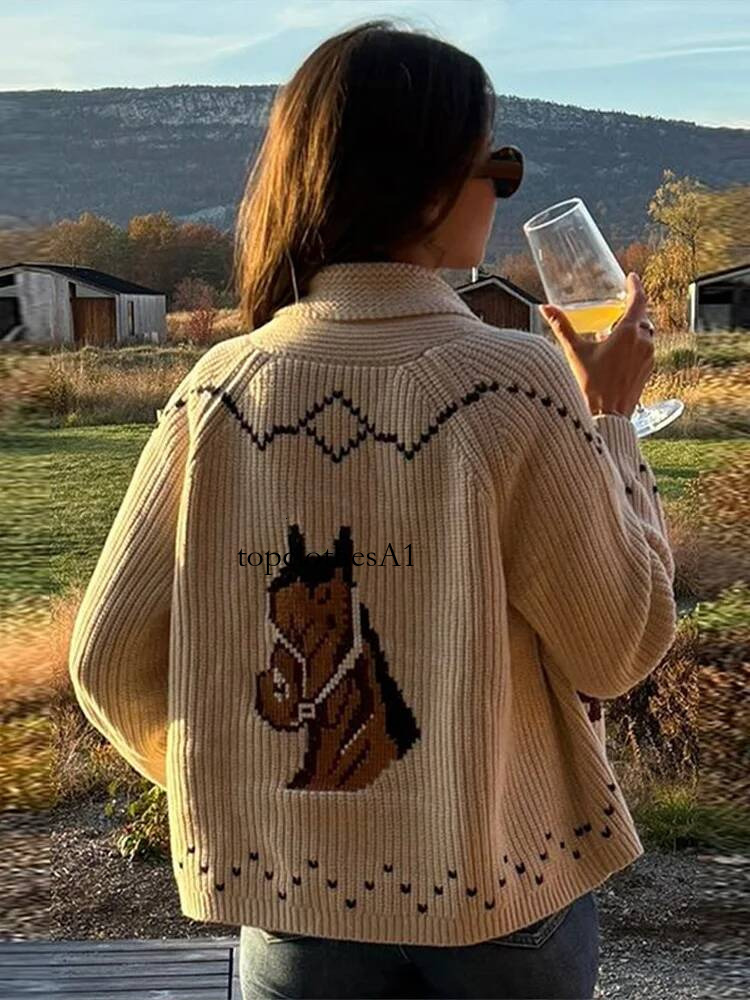 Jacquard Knitted Sweater Cardigan Women Elegant Lapel Long Sleeve Panelled Loose Spring Knitwear Coats New Ladies Club Outerwear