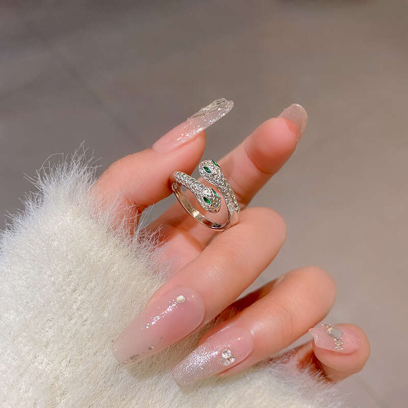 High-End Sparkling Diamond Ring Light Luxury Double-Headed Snake Index Finger Ring Zodiac Trendy Girl's Jewelry